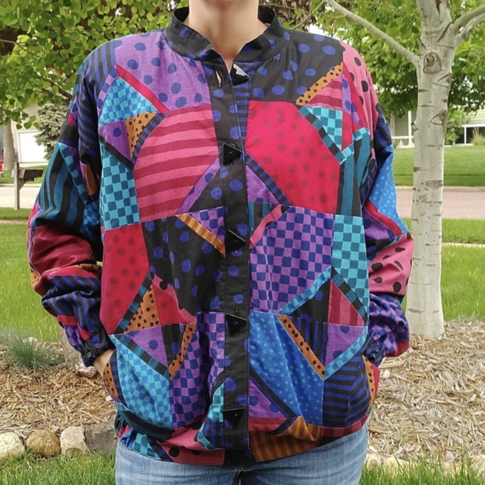 1980's 80's Rainbow Patchwork Jacket Jeweltone - image 3